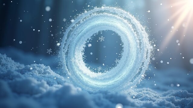 Magical swirling snow vortex with snowflakes and sunbeams illuminating a winter wonderland landscape, creating an ethereal and frosty atmosphere with icy particles drifting in the serene cold