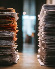 Messy paper pile on a table.