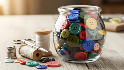 A jar of colorful buttons with sewing supplies on a wooden surface in a well lit environment