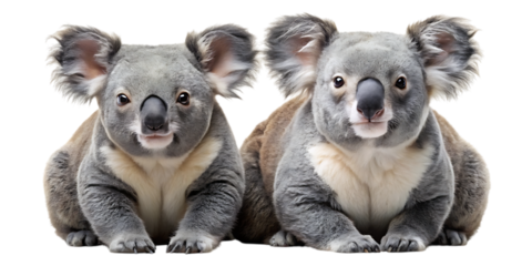 Two adorable koalas sitting side-by-side, their fluffy grey fur and gentle expressions captured in a close-up portrait, isolated on white.