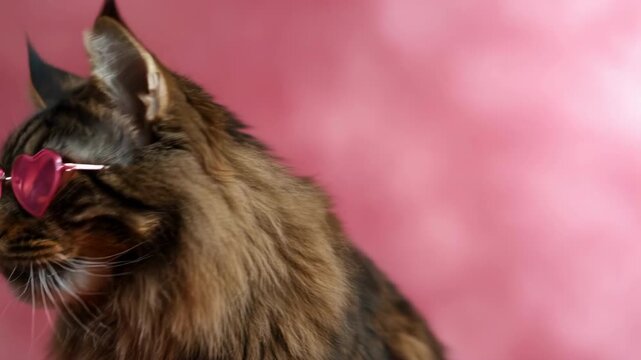 Brown tabby longhair cat portrait wearing pink heart sunglasses whisker detail playful whimsical relaxed expression pink background