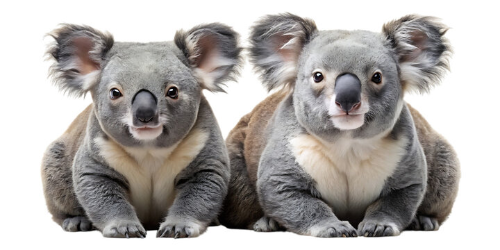 Two adorable koalas sitting side-by-side, their fluffy grey fur and gentle expressions captured in a close-up portrait, isolated on white.