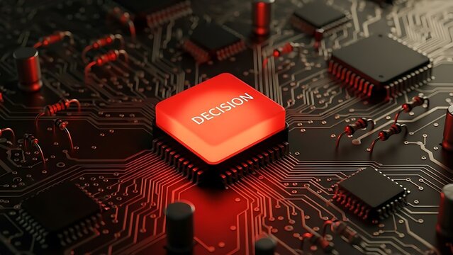 A central red chip labeled Decision illuminates a black electronic circuit board