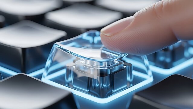 A finger presses a clear mechanical keyboard key with blue backlighting