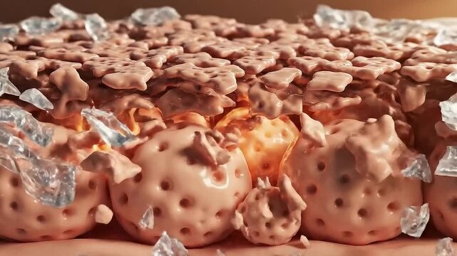 Medical Zoom In Shows Stratum Corneum Layers Breaking Apart Revealing Underlying Cells In Warm Dramatic Lighting