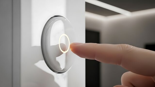 A finger presses a round glowing smart home interface on a white wall