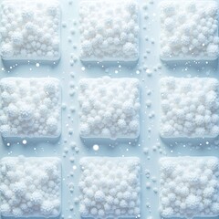 Abstract geometric pattern of textured white spheres arranged in a grid, evoking a sense of winter, snow, and delicate organic forms with a soft, ethereal light