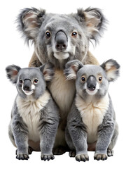 Obraz premium Adorable koala family with a mother and two joeys sitting closely together, showcasing their fluffy grey fur and gentle expressions, isolated on a clean background.