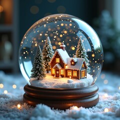 A captivating 3D illustration showcases a whimsical snow globe with a cozy, illuminated house nestled amidst snow-dusted evergreen trees and sparkling lights, evoking a magical winter wonderland scene