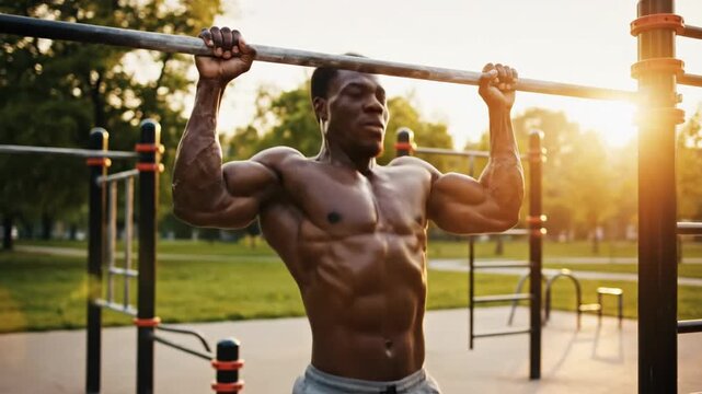 Muscular man doing pull-ups on a bar outside in a park as the sun sets behind the trees