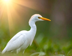 Fototapeta premium A white heron portrait with bright sunlight peeking through the leaves