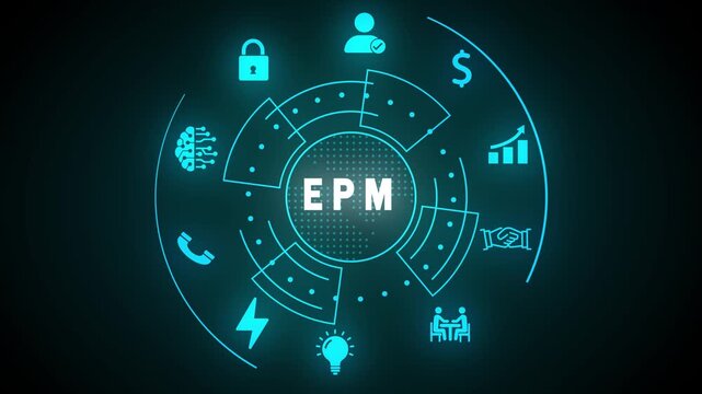 Digital interface with EPM acronym and icons for enterprise performance management and technology image