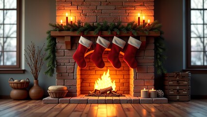 Cozy and warm Christmas fireplace scene with stockings hanging and a roaring fire, adorned with festive garland and candles, evoking a sense of holiday cheer and family gathering during winter
