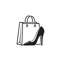 Elegant Shopping Bag and High Heel Shoe Black Icon Design for Fashion Retail