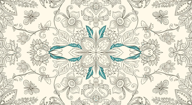 Seamless vintage botanical pattern with intricate floral illustrations and teal feather accents on a light background.