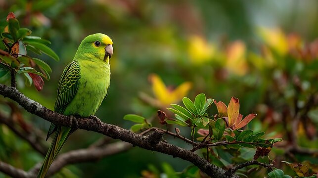 Vibrant green budgerigar parrot perched on a textured tree branch with lush foliage and soft bokeh