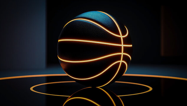Futuristic Glowing Basketball Sphere with Golden Neon Lines on a Reflective Dark Surface in Minimalist Lighting
