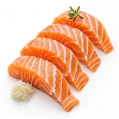 Four perfectly sliced pieces of fresh salmon sashimi with wasabi ready for sushi