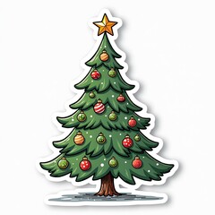 Fototapeta premium Vibrant cartoon Christmas tree with colorful ornaments and star on top for holiday marketing campaigns and festive digital backgrounds