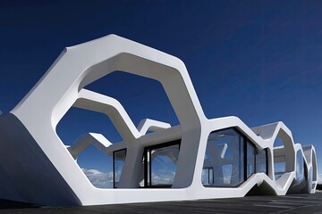 Modern White Building With Geometric Facade And Glass Windows
