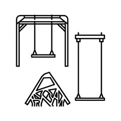 Line art set featuring playground swing, promotional banner stand, and abstract geometric broken triangle design