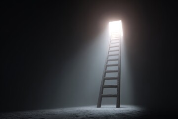 Wooden ladder standing beneath a glowing opening