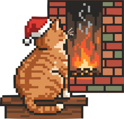 Fototapeta premium Cute Pixel Art Christmas Cat by Fireplace with Santa Hat