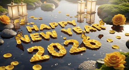 Happy new year 2026 greeting with illuminated lanterns and floral decorations.