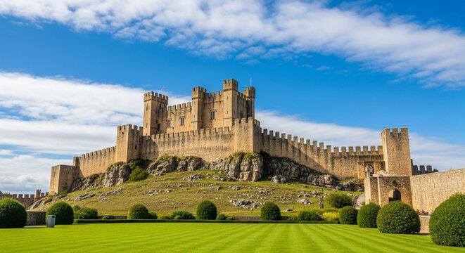 Majestic medieval castle perched atop a hill under a vibrant blue sky with fluffy white clouds, showcasing its ancient stone walls and battlements