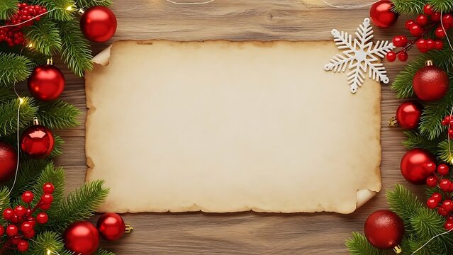 Rustic Christmas background featuring a blank aged parchment scroll framed by green pine branches, red ornaments, and glowing fairy lights - Powered by Adobe