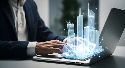 Architect working on future city design using holographic technology on laptop