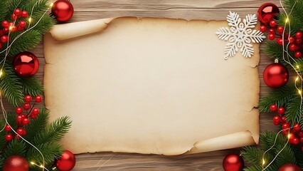 Rustic Christmas background featuring a blank aged parchment scroll framed by green pine branches, red ornaments, and glowing fairy lights