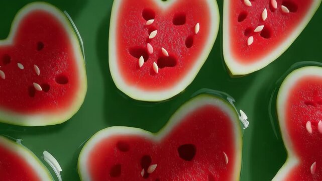 Heart-shaped watermelon slices in vibrant red and green arrangement