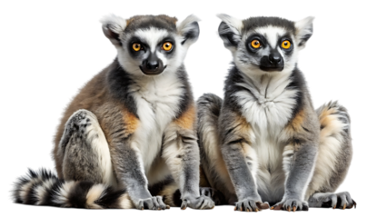 Two ring-tailed lemurs sitting together with striking orange eyes, isolated on a white background, high detail portrait