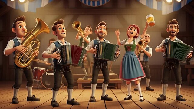 A lively animated Bavarian band performs on stage, celebrating Oktoberfest with traditional music and cheerful dancing.