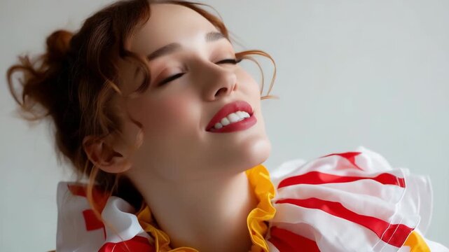 Smiling young caucasian female in colorful ruffled outfit with updo hairstyle