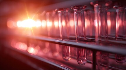 Glass test tubes in a rack illuminated by a bright starburst light in a scientific laboratory setting