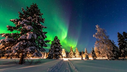 Aurora Borealis over a snowy forest landscape in Lapland, Finland.