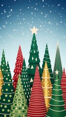 Vibrant and festive forest of stylized Christmas trees under a snowy blue sky.
