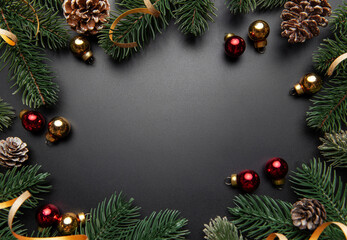 Christmas holiday background creating festive frame with ornaments