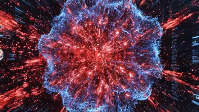 Abstract digital illustration featuring a central energy core, with red and blue colors, text