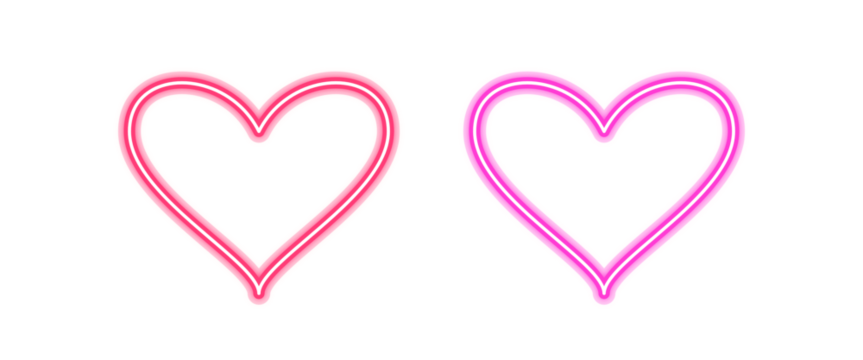 Two Neon Hearts, Pink and Red Glowing Outlines, Transparent Background Valentine's Day Graphic