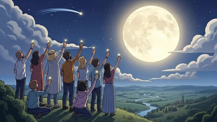 Diverse group of people watching a shooting star under a full moon.