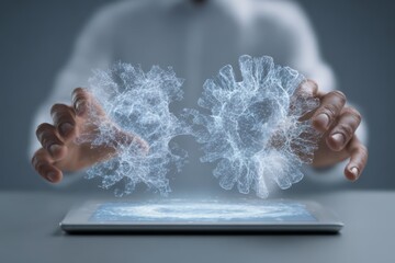 Hand sweeping across a glowing transparent touchscreen displaying layered technical schematics.