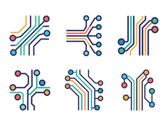Abstract colorful circuit board designs representing electronic pathways and data transfer