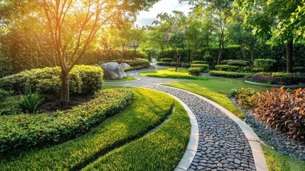 Fototapeta premium A winding stone path through a lush, green garden with a winding stone path, trees, and a sunlit sky.
