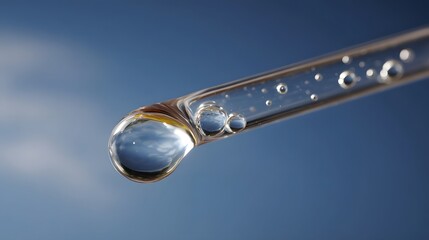 A clear liquid droplet hangs from a glass pipette showing internal bubbles set against a bright blue sky