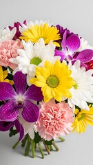 Vibrant Bouquet of Daisies, Carnations, and Orchids in Full Bloom.