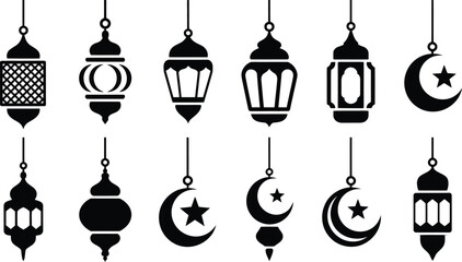 Elegant collection of ramadan lanterns and crescent moons a set of decorative islamic elements for festive celebrations and cultural designs in black and white © LailaArtworks