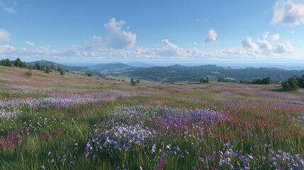 Colorful Meadow With Wildflowers And Hills Under Sunny Sky
